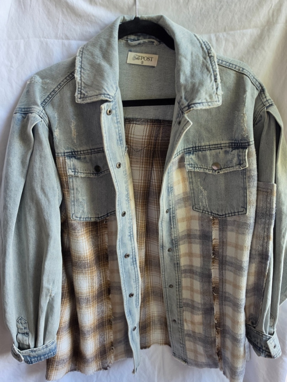The Post Oversized Denim Plaid Shacket Jacket Sz S Distressed